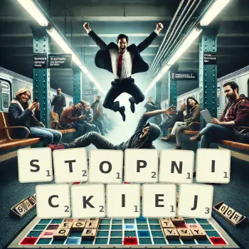Kreatywna ilustracja do gry w Scrabble ze słowem STOPNICKIEJ ułożonym z płytek na planszy.