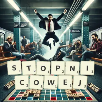 Kreatywna ilustracja do gry w Scrabble ze słowem STOPNICOWEJ ułożonym z płytek na planszy.