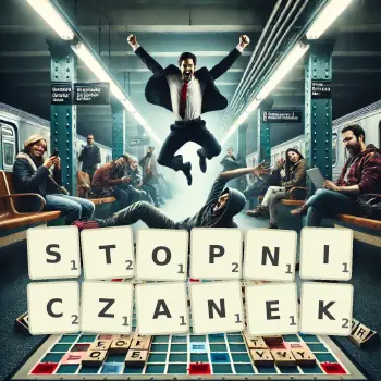 Kreatywna ilustracja do gry w Scrabble ze słowem STOPNICZANEK ułożonym z płytek na planszy.