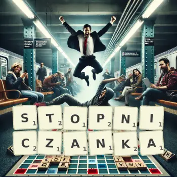 Kreatywna ilustracja do gry w Scrabble ze słowem STOPNICZANKA ułożonym z płytek na planszy.