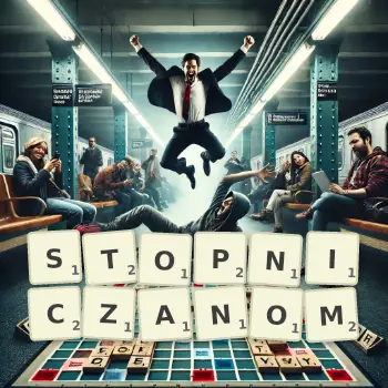 Kreatywna ilustracja do gry w Scrabble ze słowem STOPNICZANOM ułożonym z płytek na planszy.