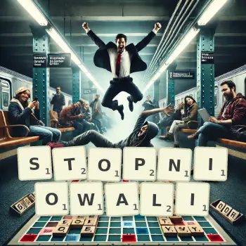 Kreatywna ilustracja do gry w Scrabble ze słowem STOPNIOWALI ułożonym z płytek na planszy.