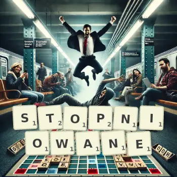 Kreatywna ilustracja do gry w Scrabble ze słowem STOPNIOWANE ułożonym z płytek na planszy.