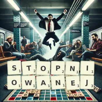 Kreatywna ilustracja do gry w Scrabble ze słowem STOPNIOWANEJ ułożonym z płytek na planszy.