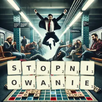 Kreatywna ilustracja do gry w Scrabble ze słowem STOPNIOWANIE ułożonym z płytek na planszy.