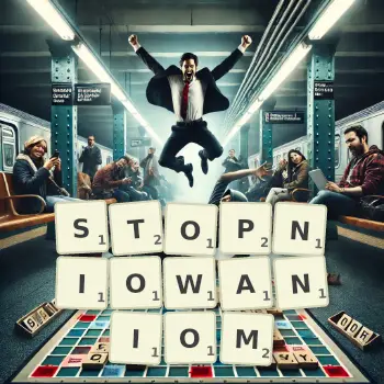 Kreatywna ilustracja do gry w Scrabble ze słowem STOPNIOWANIOM ułożonym z płytek na planszy.