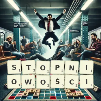 Kreatywna ilustracja do gry w Scrabble ze słowem STOPNIOWOŚCI ułożonym z płytek na planszy.