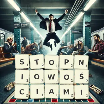 Kreatywna ilustracja do gry w Scrabble ze słowem STOPNIOWOŚCIAMI ułożonym z płytek na planszy.