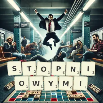 Kreatywna ilustracja do gry w Scrabble ze słowem STOPNIOWYMI ułożonym z płytek na planszy.