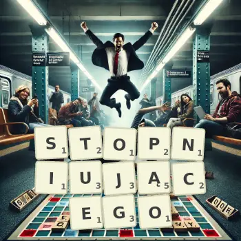 Kreatywna ilustracja do gry w Scrabble ze słowem STOPNIUJĄCEGO ułożonym z płytek na planszy.