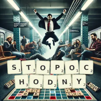 Kreatywna ilustracja do gry w Scrabble ze słowem STOPOCHODNY ułożonym z płytek na planszy.