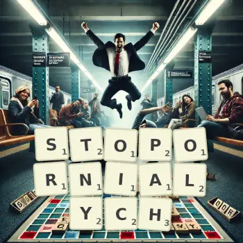 Kreatywna ilustracja do gry w Scrabble ze słowem STOPORNIALYCH ułożonym z płytek na planszy.