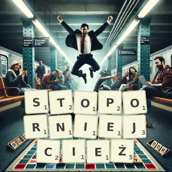 Kreatywna ilustracja do gry w Scrabble ze słowem STOPORNIEJCIEŻ ułożonym z płytek na planszy.