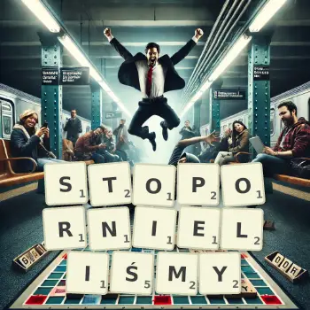Kreatywna ilustracja do gry w Scrabble ze słowem STOPORNIELIŚMY ułożonym z płytek na planszy.