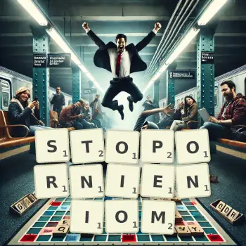 Kreatywna ilustracja do gry w Scrabble ze słowem STOPORNIENIOM ułożonym z płytek na planszy.