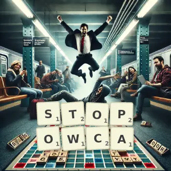 Kreatywna ilustracja do gry w Scrabble ze słowem STOPOWCA ułożonym z płytek na planszy.