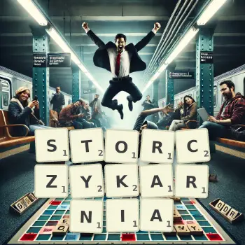 Kreatywna ilustracja do gry w Scrabble ze słowem STORCZYKARNIA ułożonym z płytek na planszy.