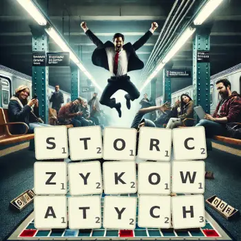 Kreatywna ilustracja do gry w Scrabble ze słowem STORCZYKOWATYCH ułożonym z płytek na planszy.