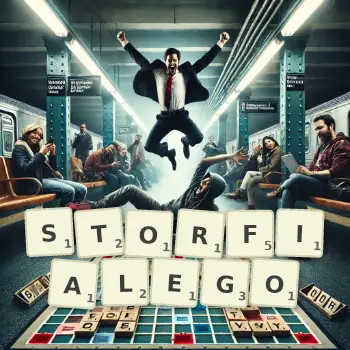 Kreatywna ilustracja do gry w Scrabble ze słowem STORFIALEGO ułożonym z płytek na planszy.
