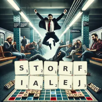 Kreatywna ilustracja do gry w Scrabble ze słowem STORFIALEJ ułożonym z płytek na planszy.
