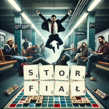 Kreatywna ilustracja do gry w Scrabble ze słowem STORFIAŁ ułożonym z płytek na planszy.