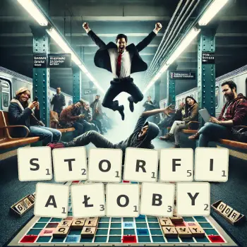 Kreatywna ilustracja do gry w Scrabble ze słowem STORFIAŁOBY ułożonym z płytek na planszy.