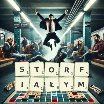 Kreatywna ilustracja do gry w Scrabble ze słowem STORFIAŁYM ułożonym z płytek na planszy.