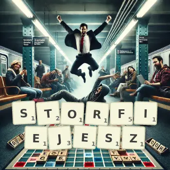 Kreatywna ilustracja do gry w Scrabble ze słowem STORFIEJESZ ułożonym z płytek na planszy.