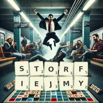 Kreatywna ilustracja do gry w Scrabble ze słowem STORFIEJMY ułożonym z płytek na planszy.