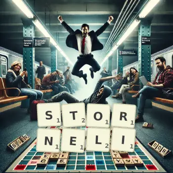 Kreatywna ilustracja do gry w Scrabble ze słowem STORNELI ułożonym z płytek na planszy.