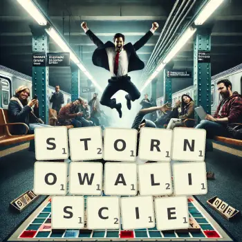 Kreatywna ilustracja do gry w Scrabble ze słowem STORNOWALISCIE ułożonym z płytek na planszy.