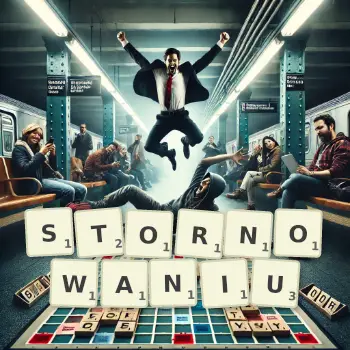 Kreatywna ilustracja do gry w Scrabble ze słowem STORNOWANIU ułożonym z płytek na planszy.