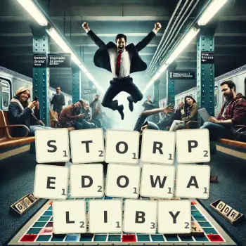 Kreatywna ilustracja do gry w Scrabble ze słowem STORPEDOWALIBY ułożonym z płytek na planszy.