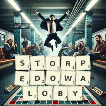 Kreatywna ilustracja do gry w Scrabble ze słowem STORPEDOWALOBY ułożonym z płytek na planszy.