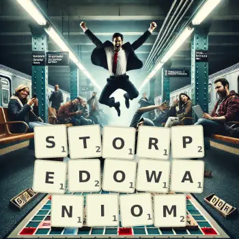 Kreatywna ilustracja do gry w Scrabble ze słowem STORPEDOWANIOM ułożonym z płytek na planszy.