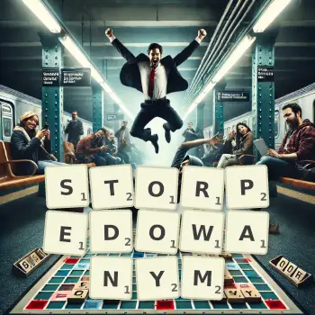 Kreatywna ilustracja do gry w Scrabble ze słowem STORPEDOWANYM ułożonym z płytek na planszy.