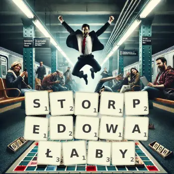 Kreatywna ilustracja do gry w Scrabble ze słowem STORPEDOWAŁABY ułożonym z płytek na planszy.