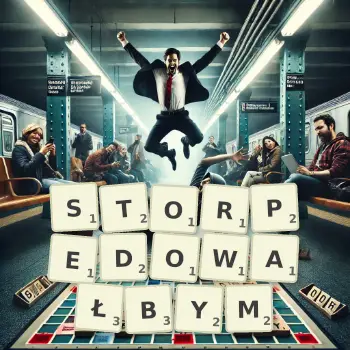 Kreatywna ilustracja do gry w Scrabble ze słowem STORPEDOWAŁBYM ułożonym z płytek na planszy.