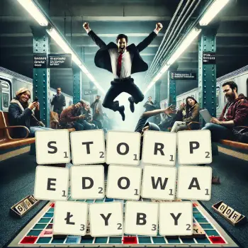 Kreatywna ilustracja do gry w Scrabble ze słowem STORPEDOWAŁYBY ułożonym z płytek na planszy.