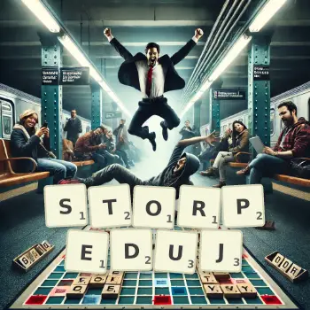 Kreatywna ilustracja do gry w Scrabble ze słowem STORPEDUJ ułożonym z płytek na planszy.