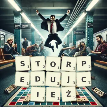 Kreatywna ilustracja do gry w Scrabble ze słowem STORPEDUJCIEŻ ułożonym z płytek na planszy.