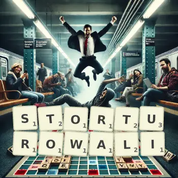 Kreatywna ilustracja do gry w Scrabble ze słowem STORTUROWALI ułożonym z płytek na planszy.