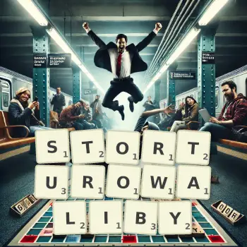 Kreatywna ilustracja do gry w Scrabble ze słowem STORTUROWALIBY ułożonym z płytek na planszy.