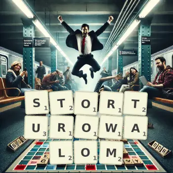 Kreatywna ilustracja do gry w Scrabble ze słowem STORTUROWALOM ułożonym z płytek na planszy.