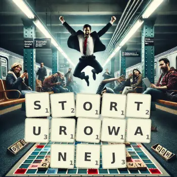 Kreatywna ilustracja do gry w Scrabble ze słowem STORTUROWANEJ ułożonym z płytek na planszy.