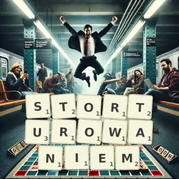 Kreatywna ilustracja do gry w Scrabble ze słowem STORTUROWANIEM ułożonym z płytek na planszy.
