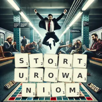 Kreatywna ilustracja do gry w Scrabble ze słowem STORTUROWANIOM ułożonym z płytek na planszy.