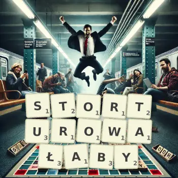 Kreatywna ilustracja do gry w Scrabble ze słowem STORTUROWAŁABY ułożonym z płytek na planszy.
