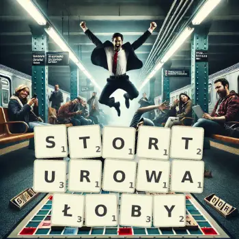 Kreatywna ilustracja do gry w Scrabble ze słowem STORTUROWAŁOBY ułożonym z płytek na planszy.