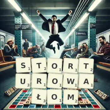 Kreatywna ilustracja do gry w Scrabble ze słowem STORTUROWAŁOM ułożonym z płytek na planszy.